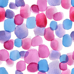 Abstract pattern of watercolor paint blots. Pink and blue, green neon round stripes