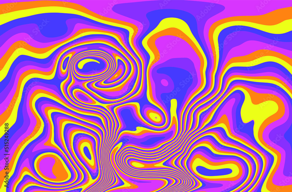 Poster retro 1960s-style wallpaper design in a psychedelic trippy mood. ebru like marbling pattern.