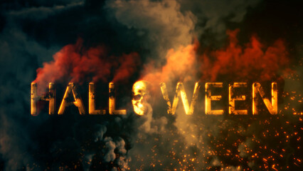 Text halloween with skull burning on dark smoke bg - abstract 3D rendering