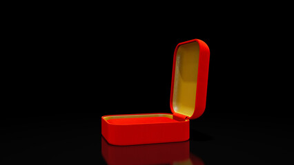 Red and goldish opened empty jewelry gift with reflection on black, isolated - object 3D illustration