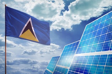 Saint Lucia solar energy, alternative energy industrial concept with flag industrial illustration - fight with global climate changing, 3D illustration