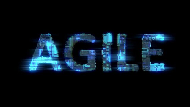 abstract glitch cybernetical text AGILE glowing blue electric light, isolated