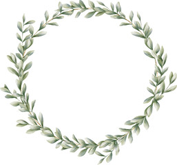 Obraz premium watercolor illustration foliage wreath greenery herbs round frame natural gold green stationery wedding romance delicate silky