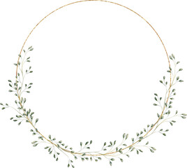 watercolor natural illustration foliage wreath greenery herbs round frame natural gold green stationery wedding romance delicate silky © January Bloom