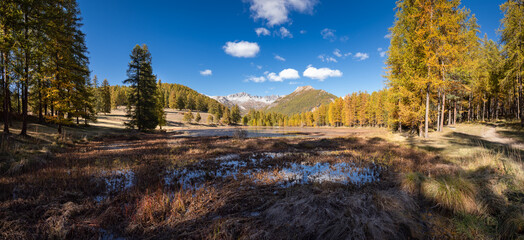 Queyras Regional Nature Park with Lac de Roue lake in Autumn (panoramic). Arvieux in the...