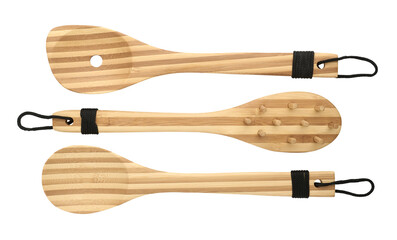 Set of three different bamboo spoons isolated on white background, close-up