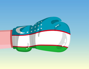 Flag of Uzbekistan on boxing glove. Confrontation between countries with competitive power. Offensive attitude. Separation of power. Template ready design.