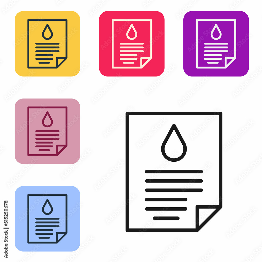 Poster black line oil drop document icon isolated on white background. set icons in color square buttons. v