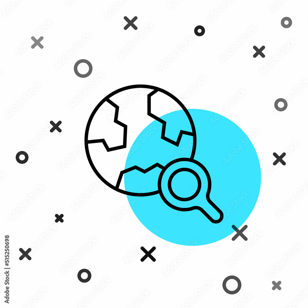 Poster black line magnifying glass with globe icon isolated on white background. analyzing the world. globa