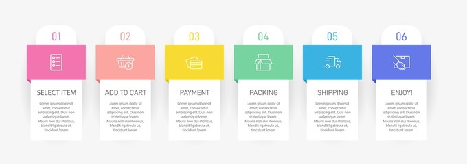 Concept of shopping process with 6 successive steps. Six colorful graphic elements. Timeline design for brochure, presentation, web site. Infographic design layout.