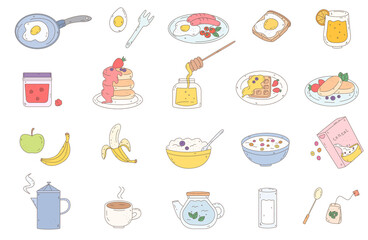 Set of doodle elements for breakfast. Egg, fruit, pancakes, juice, flakes, sausage, coffee, tea, jam.