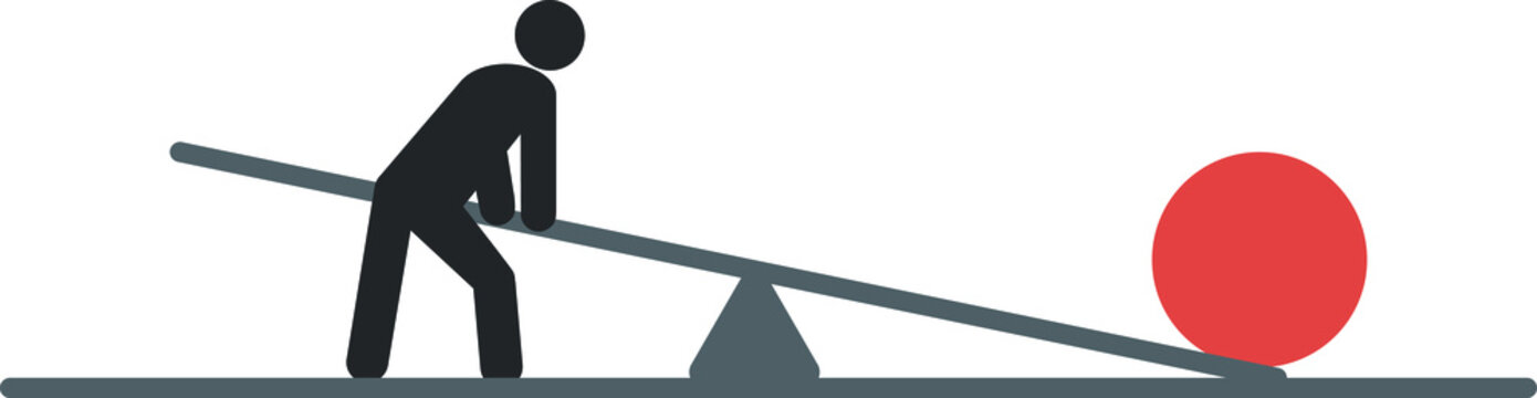Isolated vector illustration of a simple lever. Man holding lever trying to lift heavy weight by means of fulcrum. 