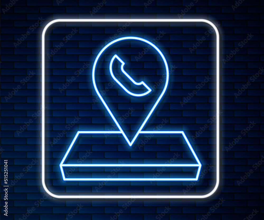 Poster glowing neon line map pointer with telephone or communication icon isolated on brick wall background