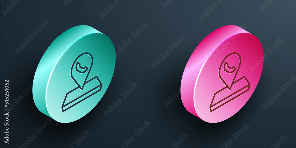 Poster isometric line map pointer with telephone or communication icon isolated on black background. call c