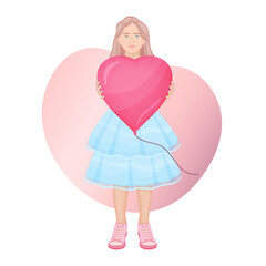 Little girl with a pink heart shaped balloon in her hands. Kid with love balloon in a tulle skirt and sneakers vector illustration.