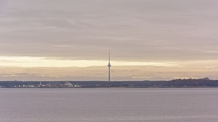 Baltic sea, with foggy coast of Tallin, Estonia with Television tower 