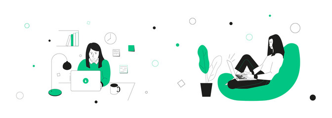 Girl studying at home online at the laptop. Online education landing page template. Student taking online courses flat vector illustration...