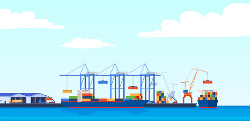 Cargo port for unloading containers from ships. International trade. Vector illustration