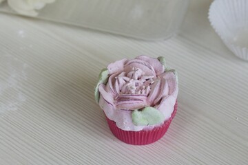 Homemade marshmallow. Zephyr made in the form of different flowers. Marshmallow gift. Close-up.