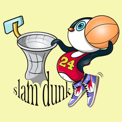 a cute penguin is putting the ball in the basket