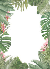 tropical palm floral leaf green hawaii beach monstera banana palm leaves pink hibiscus border frame © January Bloom