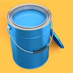 Open metal can or buckets of paint with handle on yellow background.