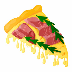 Vector isolated illustration with a triangular slice of pizza Valtellina on tomato sauce with a stretching mozzarella cheese. Among ingredients are Tomato sauce, mozzarella, bresaola, cheese, arugula.