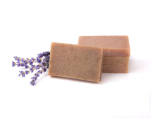 Natural lavender soap with lavender flowers isolated on white background.Handmade Soap.Cosmetic product with essential oils.spa product