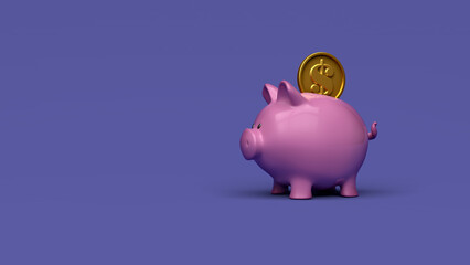 Pink Piggy Bank with Gold Dollar Coin isolated on background in 8k. 3D illustration render.