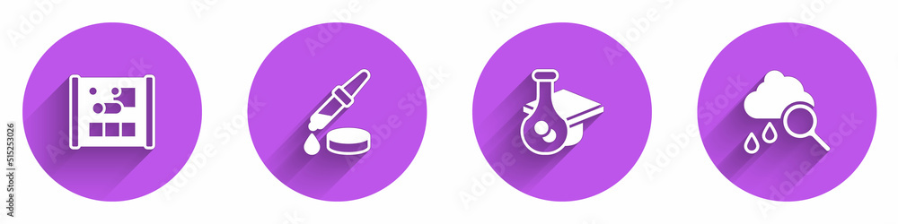 Poster set graphing paper for engineering, pipette, graduation cap and cloud with rain icon with long shado