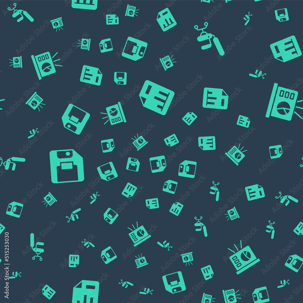 Poster set document with graph chart, office chair, floppy disk and board on seamless pattern. vector