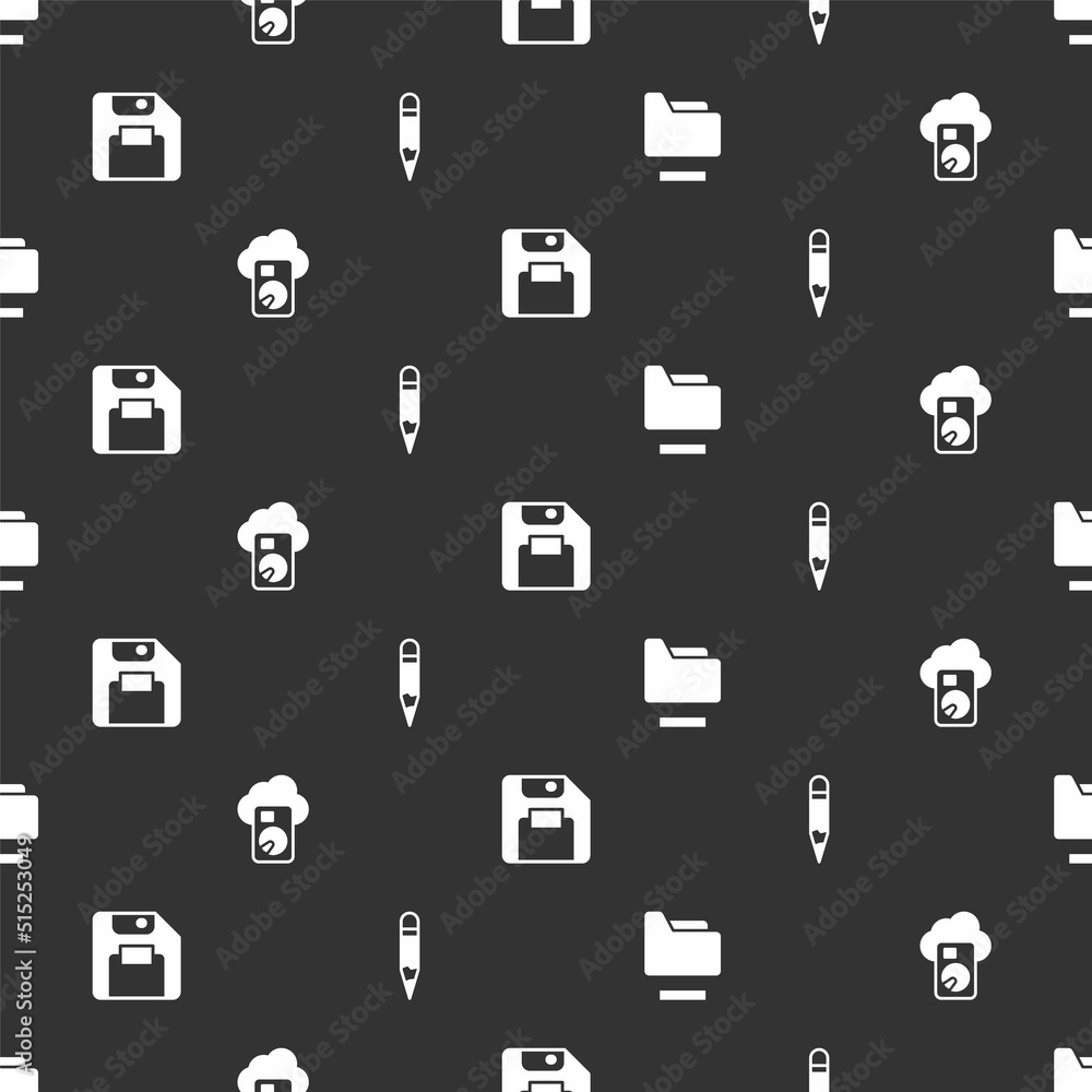 Poster set document folder, cloud database, floppy disk and pencil on seamless pattern. vector