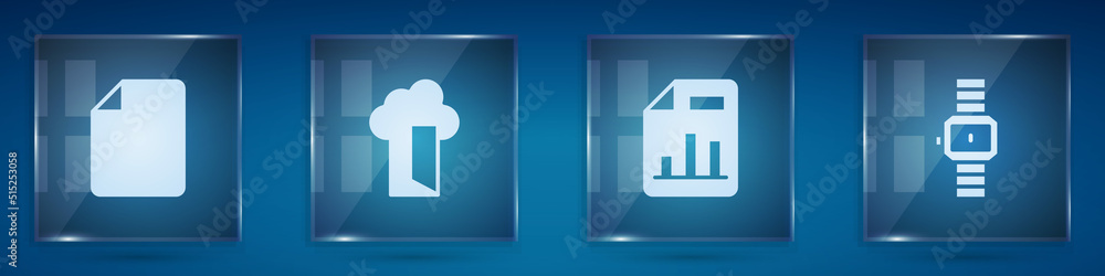 Poster set file document, cloud database, document with graph chart and wrist watch. square glass panels. v
