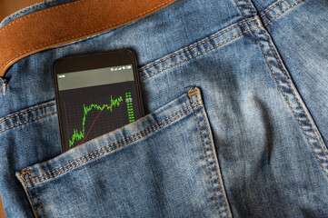 Stock market and cryptocurrency chart on your smartphone screen, including uptrend and downtrend. Investing in the stock market. The smartphone is in the pocket of blue jeans.