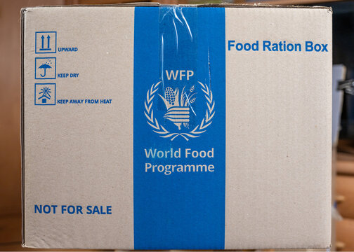 Food Ration Box. Cardboard box with humanitarian aid from World Food Programme. International aid for the people of Ukraine during the Russian aggression in 2022. Ukraine, Mykolaiv - 06 23 2022