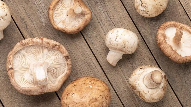 Shitaki, portobello and paris mushrooms over wooden table