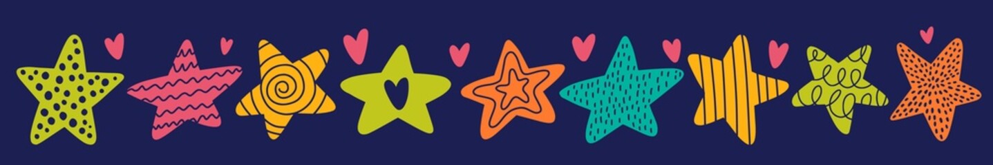 Fototapeta premium Horizontal children's pattern with sea stars drawn by hand