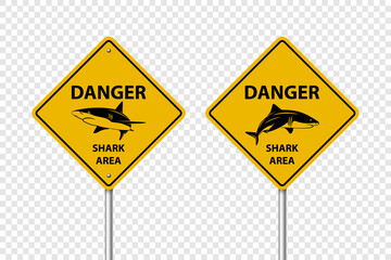 Vector Yellow Shark Sighting Sign Set Isolated. Shark Attack Warning. Danger for Surfing and Swimming. Shark Zone, Area, Caution - obrazy, fototapety, plakaty