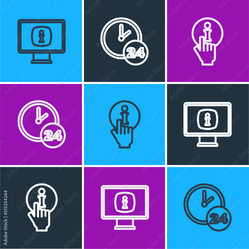 Poster set line monitor with information, information and clock 24 hours icon. vector