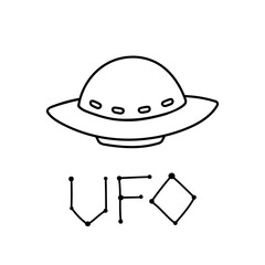 Flying saucer in doodle style. UFO Contour vector drawing. Unidentified spacecraft