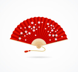 Realistic Detailed 3d Red Folding Asian Hand Fan with Sakura Blossoms. Vector