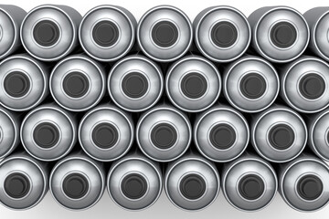 Set of spray paint cans in row on white background. Spray bottle and dispenser