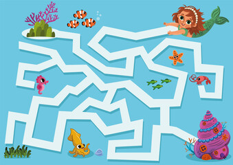 Help the cute mermaid to reach her home puzzle game for kids. Vector illustration.