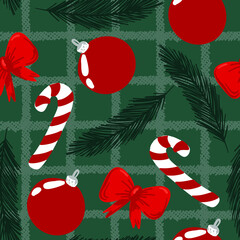 seamless pattern with Christmas tree branch, Christmas ball, candy and bow on on tartan. Background for textile, fabric, wrapping paper, cards, gift and other design.