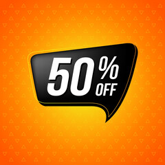 50 percent off. Orange and yellow banner with fifty percent off discount on a floating black balloon for promotions and big sales