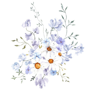 Watercolor illustration with wildflowers and herbs, floral bouquet, isolated on white background