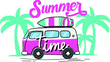 Print with car on beach and palm. Print for poster, cards, stationery, banner, t-shirt and other designs.