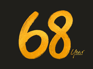 Gold 68 Years Anniversary Celebration Vector Template, 68 Years  logo design, 68th birthday, Gold Lettering Numbers brush drawing hand drawn sketch, number logo design vector illustration