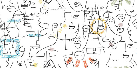 Obraz premium One line drawing. Abstract face seamless pattern.