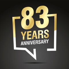 83 Years Anniversary celebrating, gold white speech bubble, logo, icon on black background